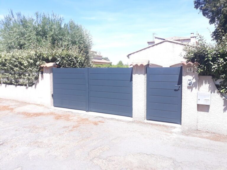 Portail 2 vantaux avec motorisation avec le portillon assorti